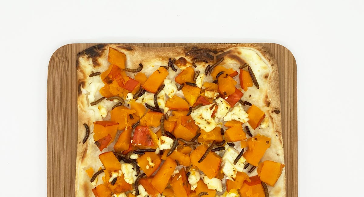 Pumpkin feta flammkuchen with mealworms