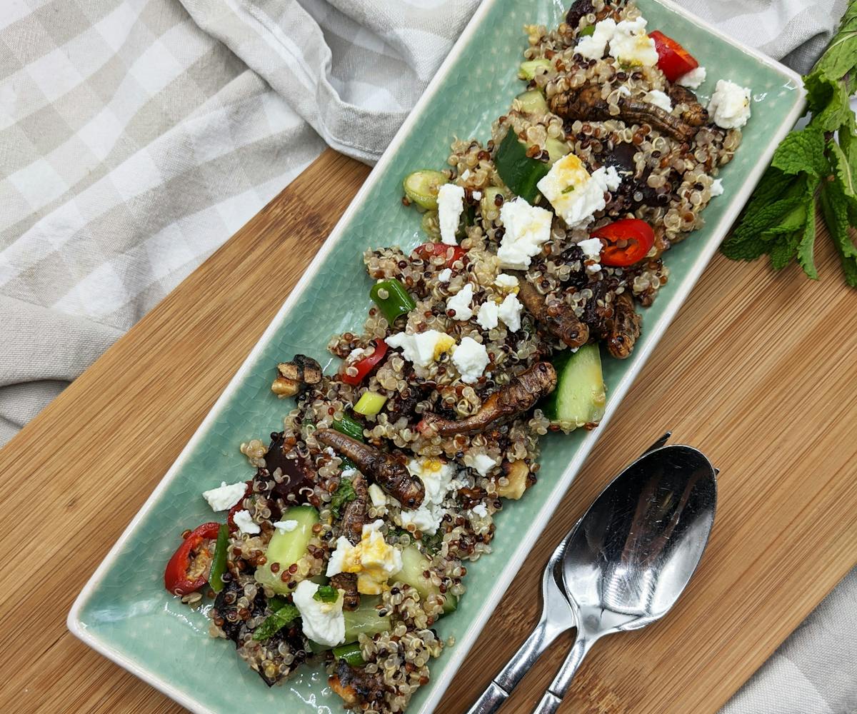 Roasted Grasshopper Quinoa Feta Bowl on a rectangular plate