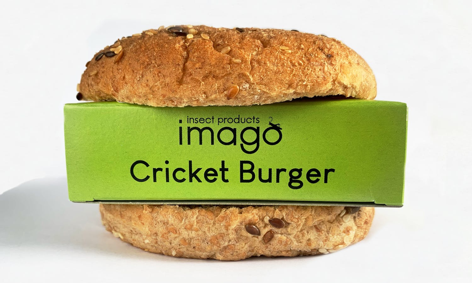 Imago Cricket Burger package wrapped in a burger bun