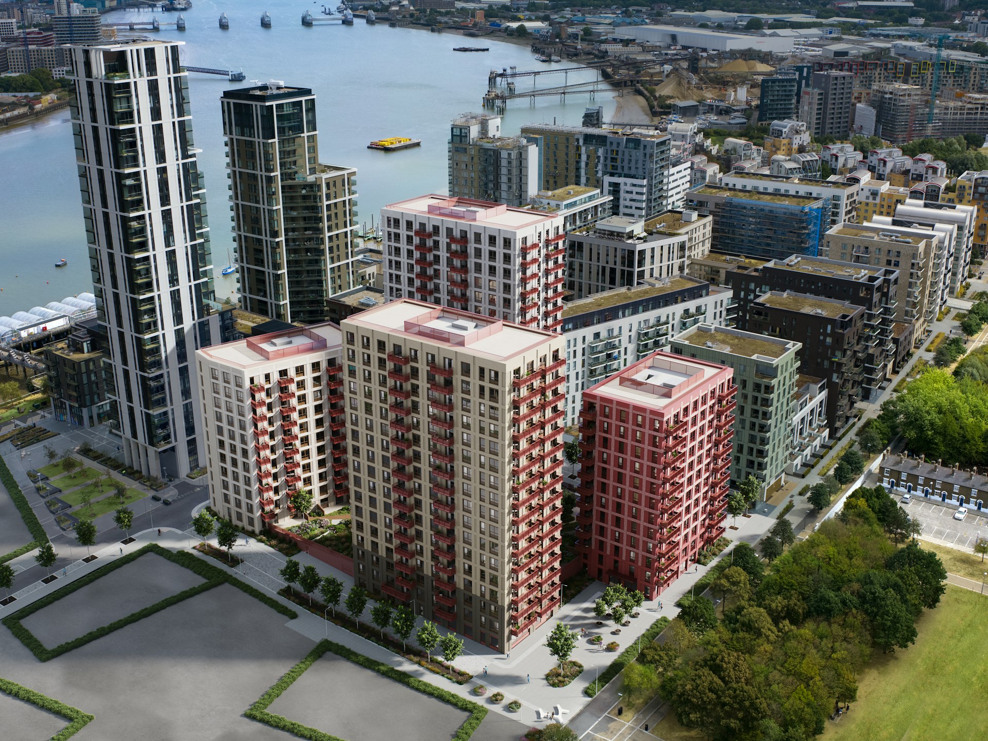 CGI aerial shot of Peninsula gardens in 2025
