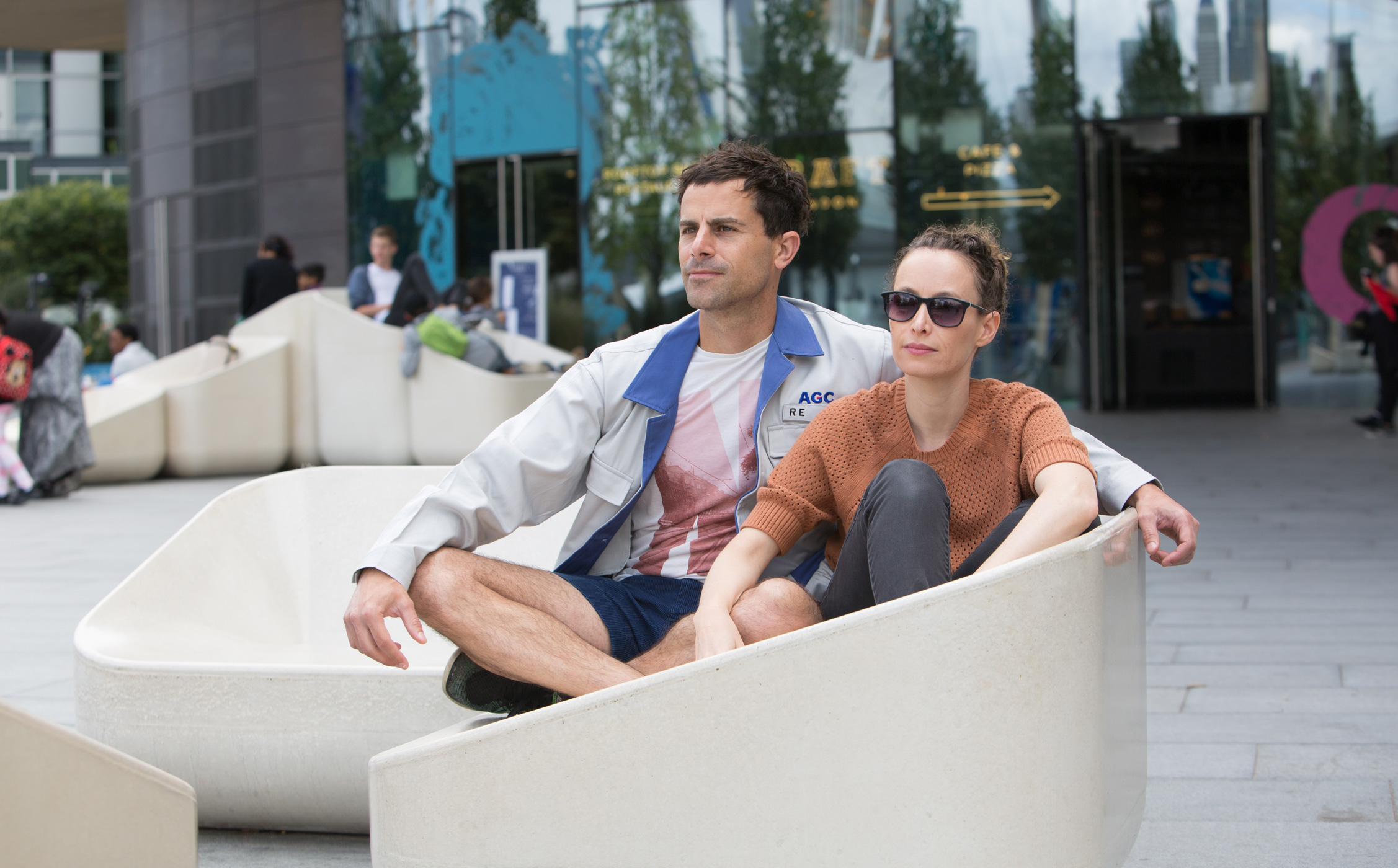 Shay and Yael sat on ‘Steps’, seats designed for the Peninsula. Photograph: Marc Wilmot