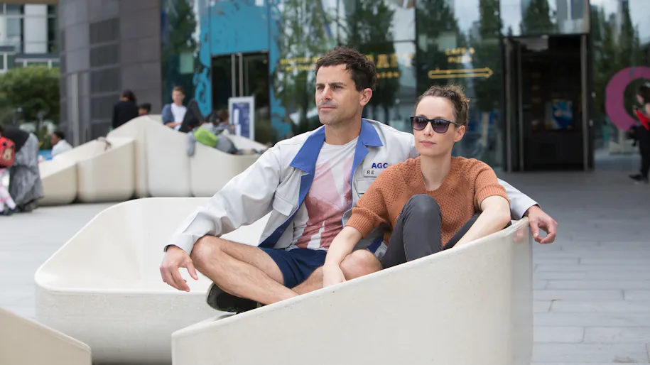 Shay and Yael sat on ‘Steps’, seats designed for the Peninsula. Photograph: Marc Wilmot