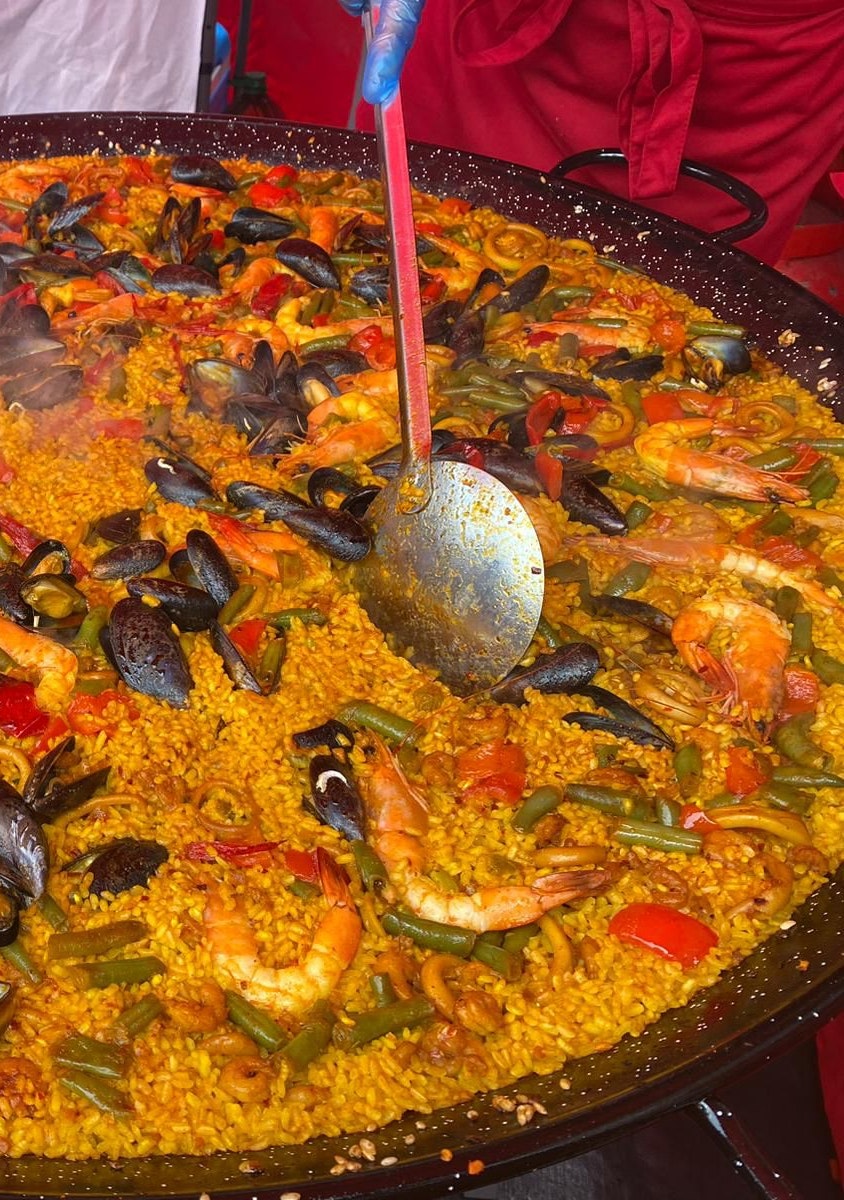 A pan of seafood paella