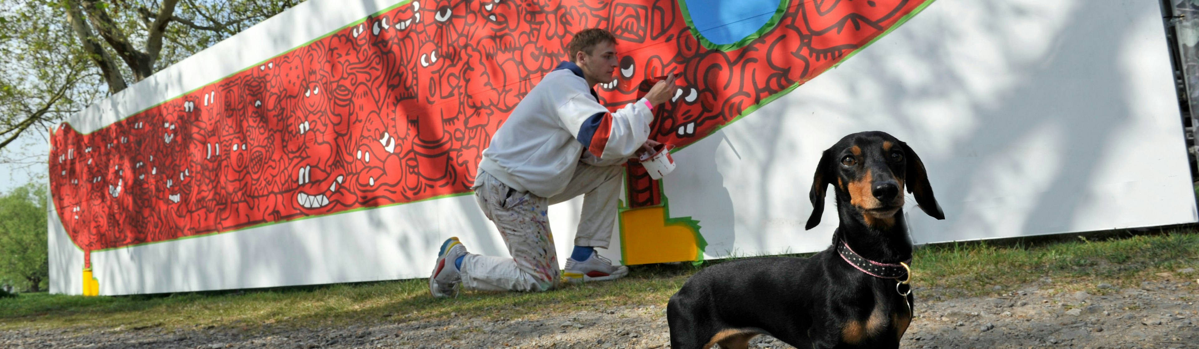 Seb paints a mural whilst a dog stands in the foreground
