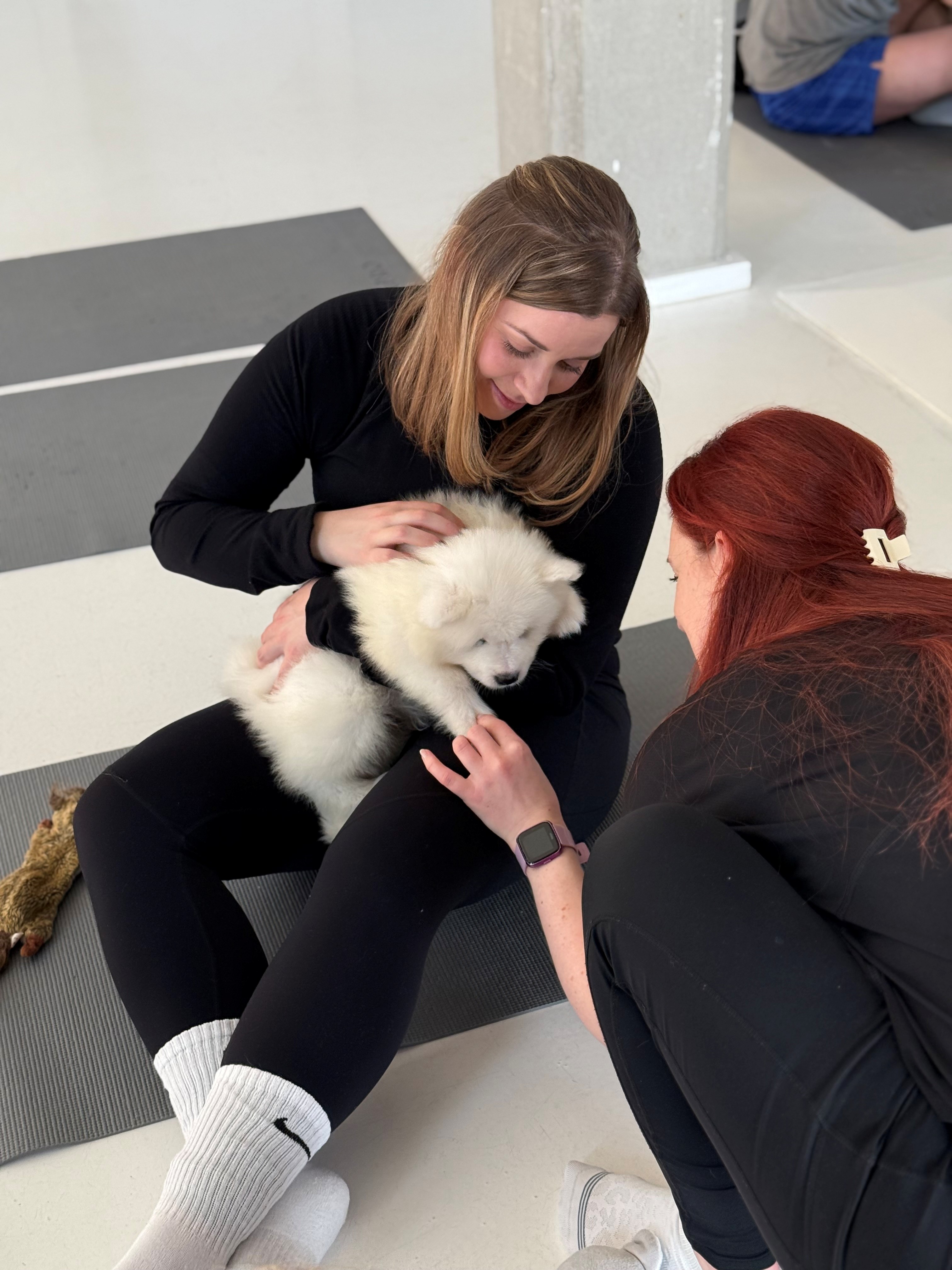 two women playing with fluffy white puppy on yoga mats