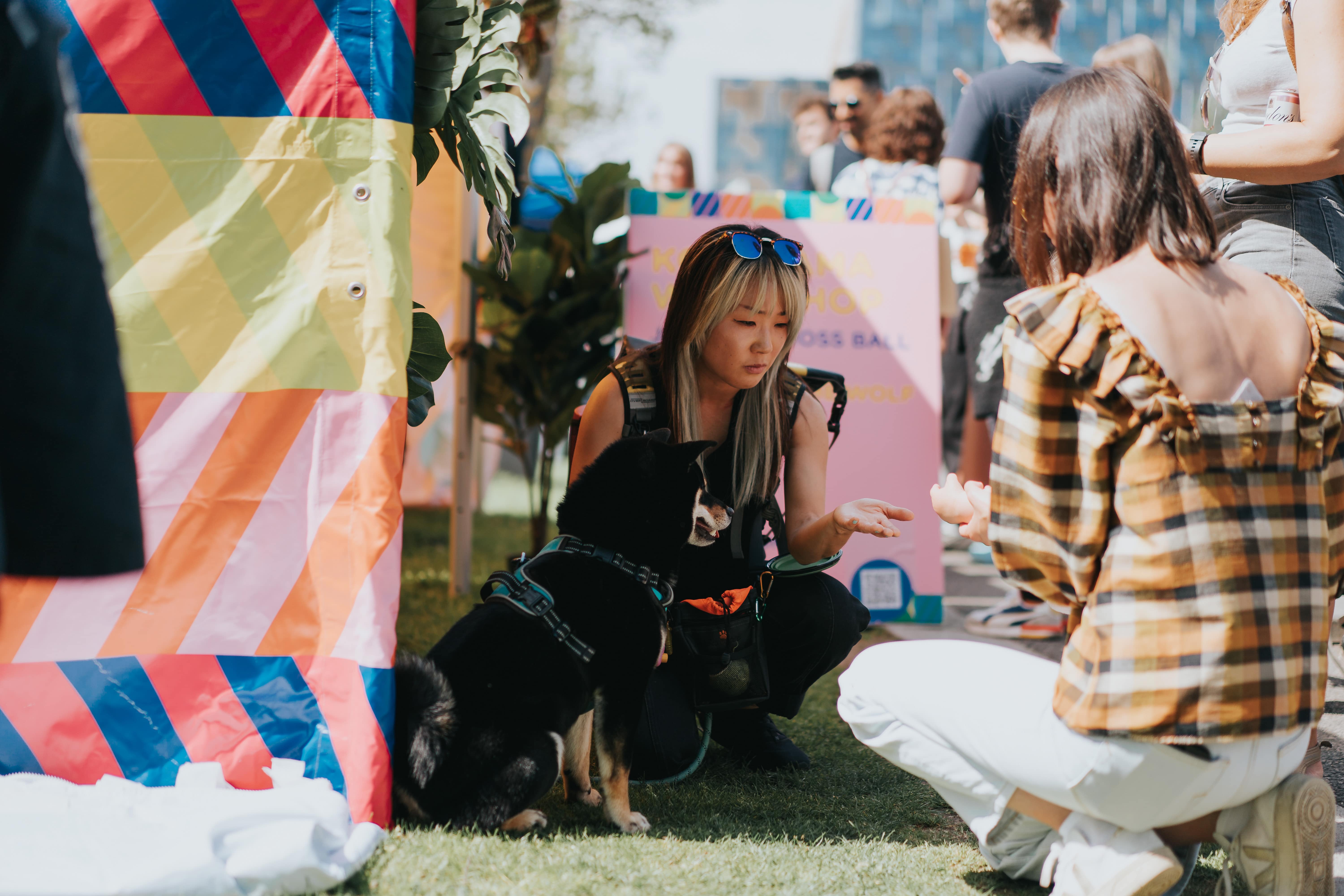 An owner holds out a treat for her dog