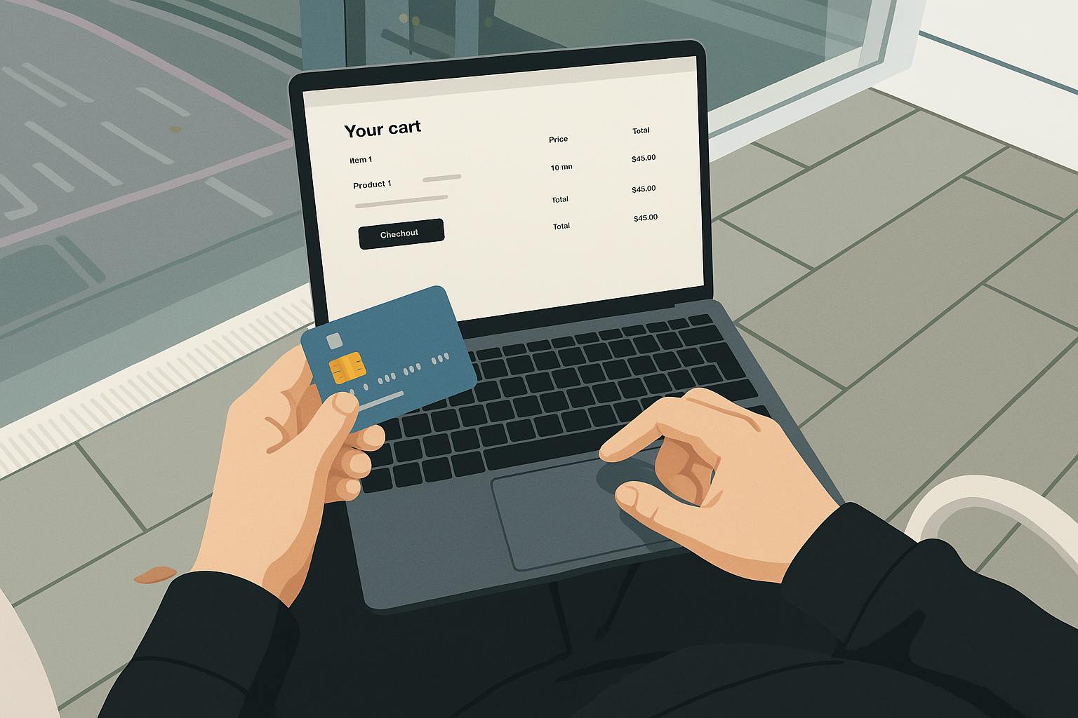 man holding a debit card and a laptop