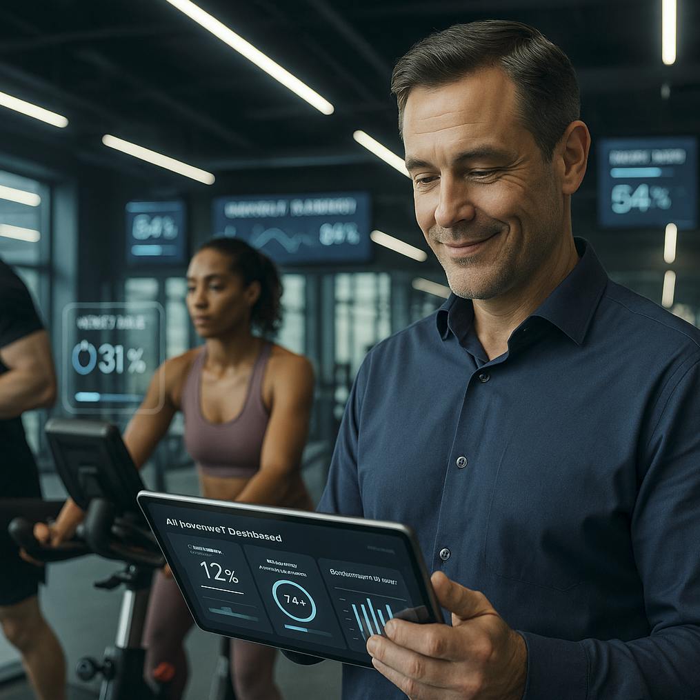 AI-powered gym management dashboard predicting member churn and equipment usage