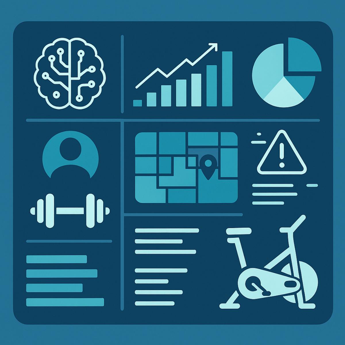 AI-powered gym dashboard showing member behavior insights and predictive maintenance alerts