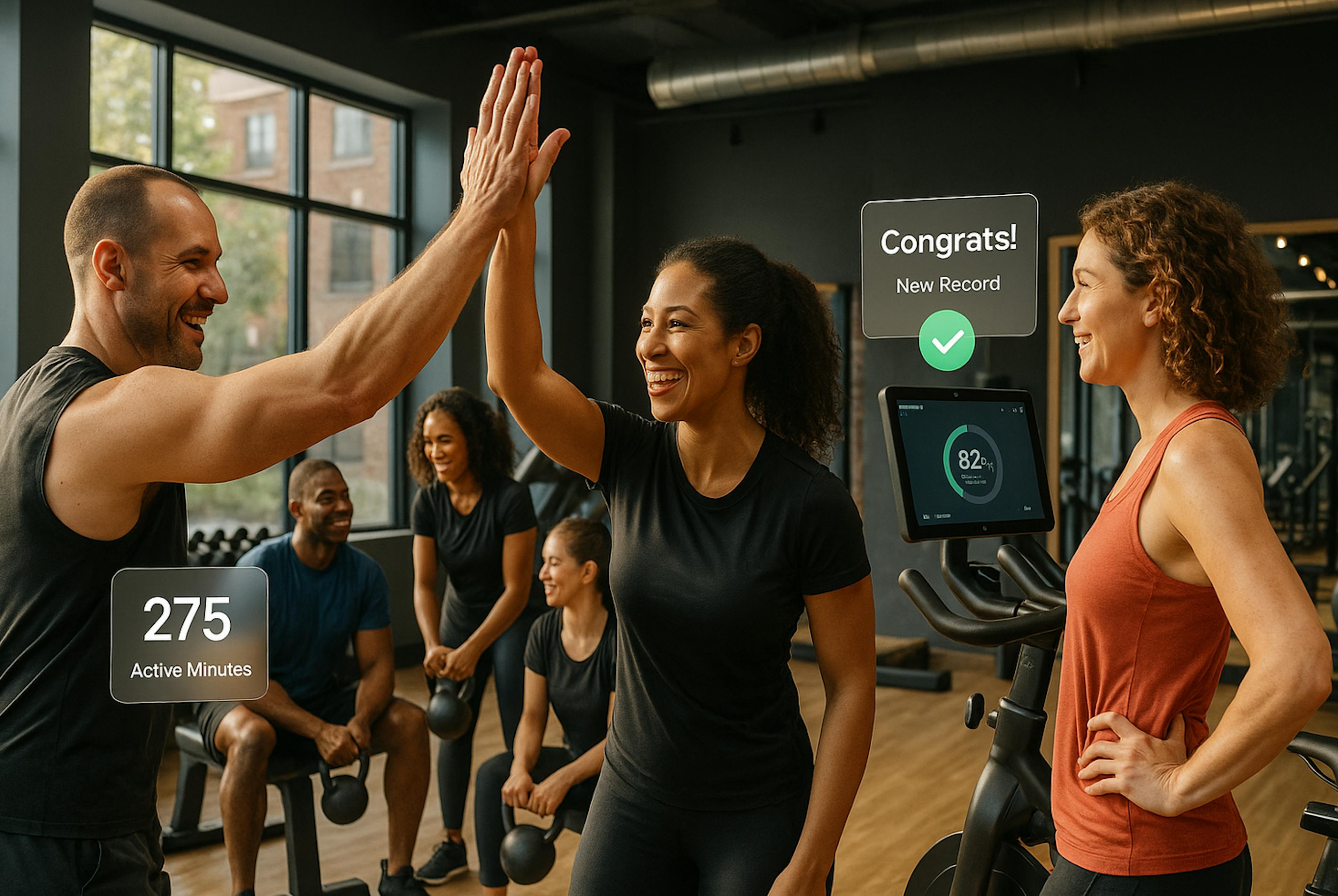 Gym members high-five in a modern fitness studio while others celebrate milestones and train with kettlebells, supported by digital performance notifications