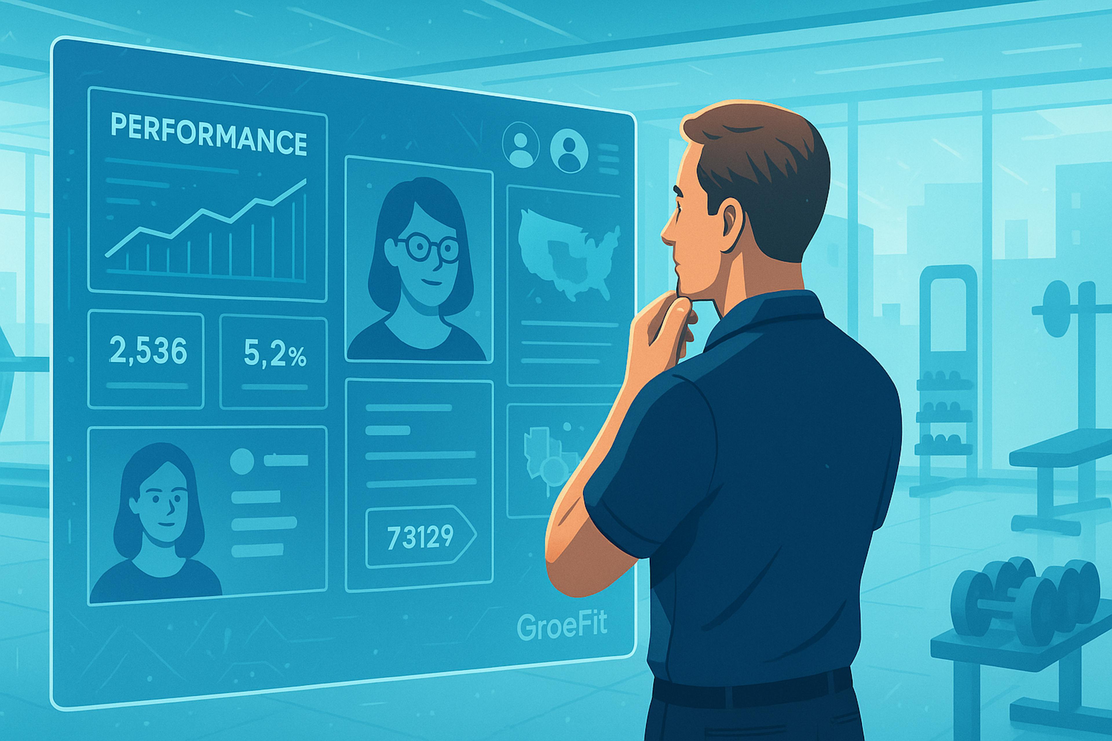 Gym owner reviewing AI-powered marketing insights with member data, zip code targeting, and campaign performance dashboards in a sleek gym environment.