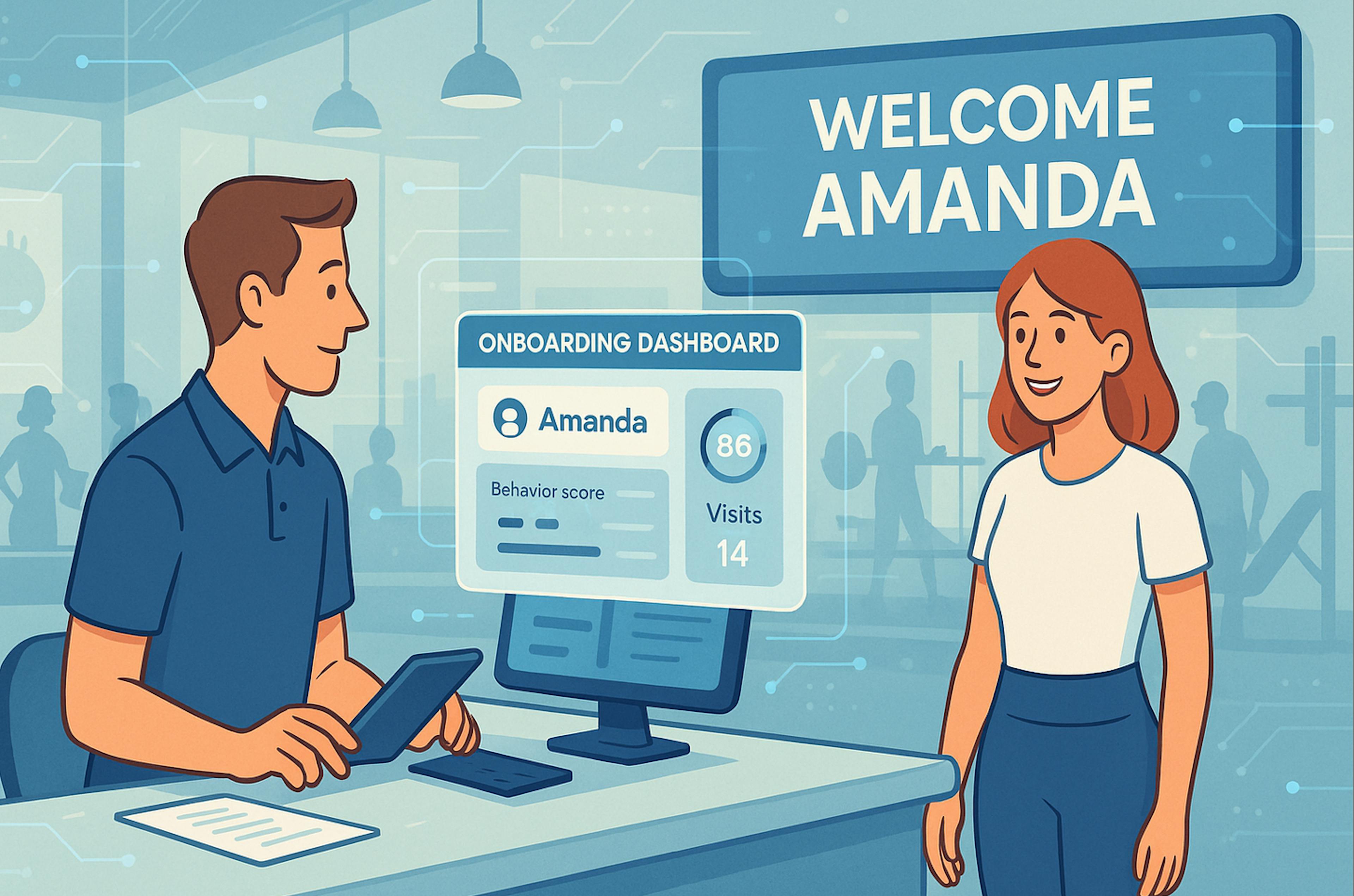Gym owner reviewing GroeFit onboarding dashboard with member engagement insights, personalized welcome messages, and automation tools for retention.