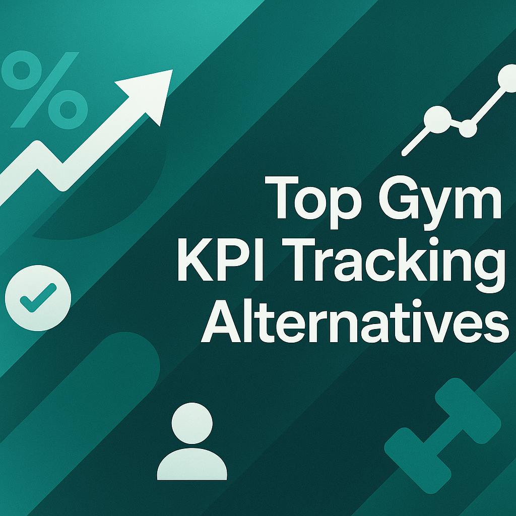 Abstract digital graphic showing upward arrow, gym and analytics icons, and geometric teal shapes representing gym KPI tracking and performance growth, created for Groe Solutions’ blog.