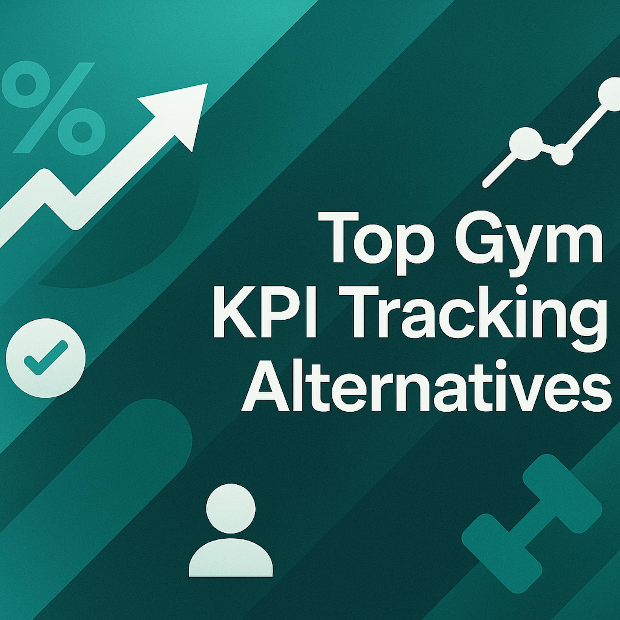 Abstract digital graphic showing upward arrow, gym and analytics icons, and geometric teal shapes representing gym KPI tracking and performance growth, created for Groe Solutions’ blog.