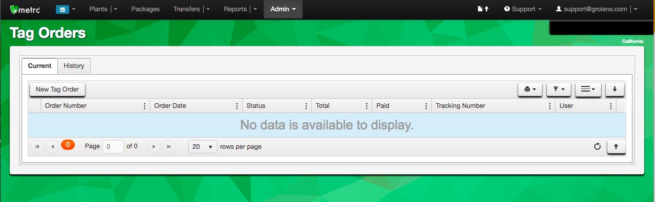 Metrc Tag Order Dashboard View