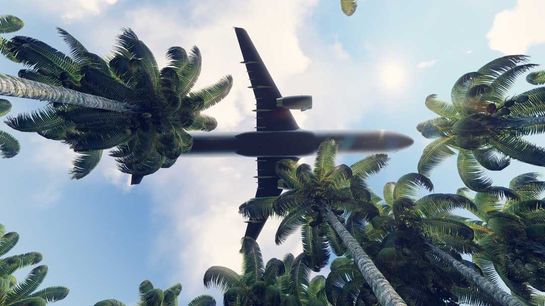 A private group charter plane flies over the jungle