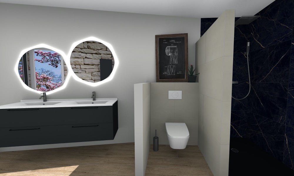 Salle d'eau et WC maquette 3D Carrelage et Bain