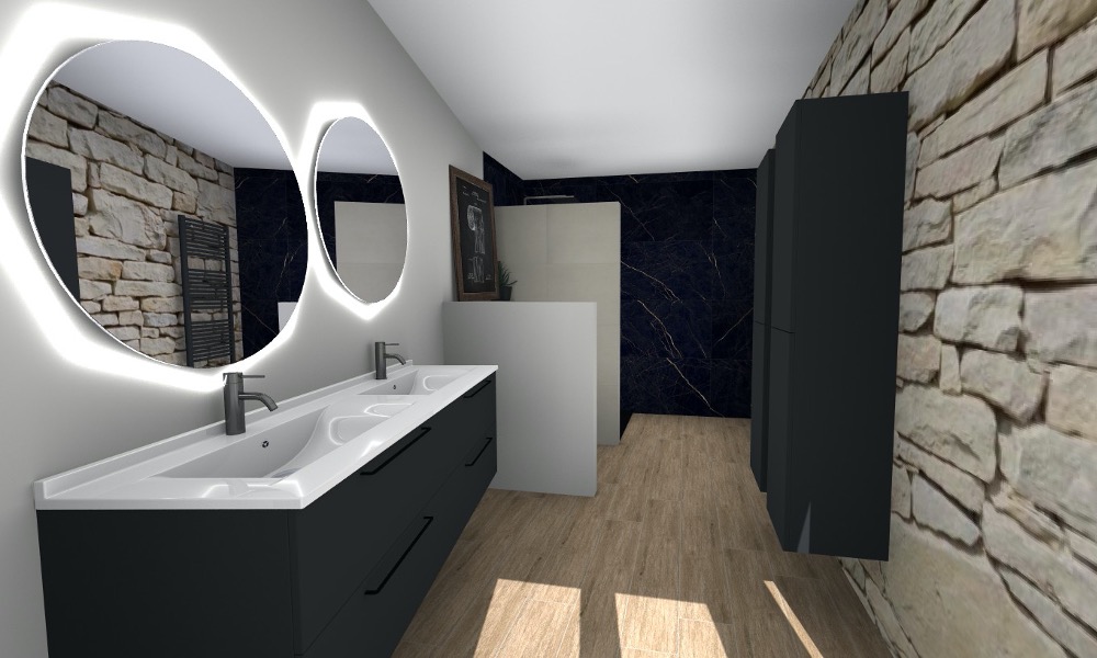 Salle d'eau - Miroirs et mur en pierre