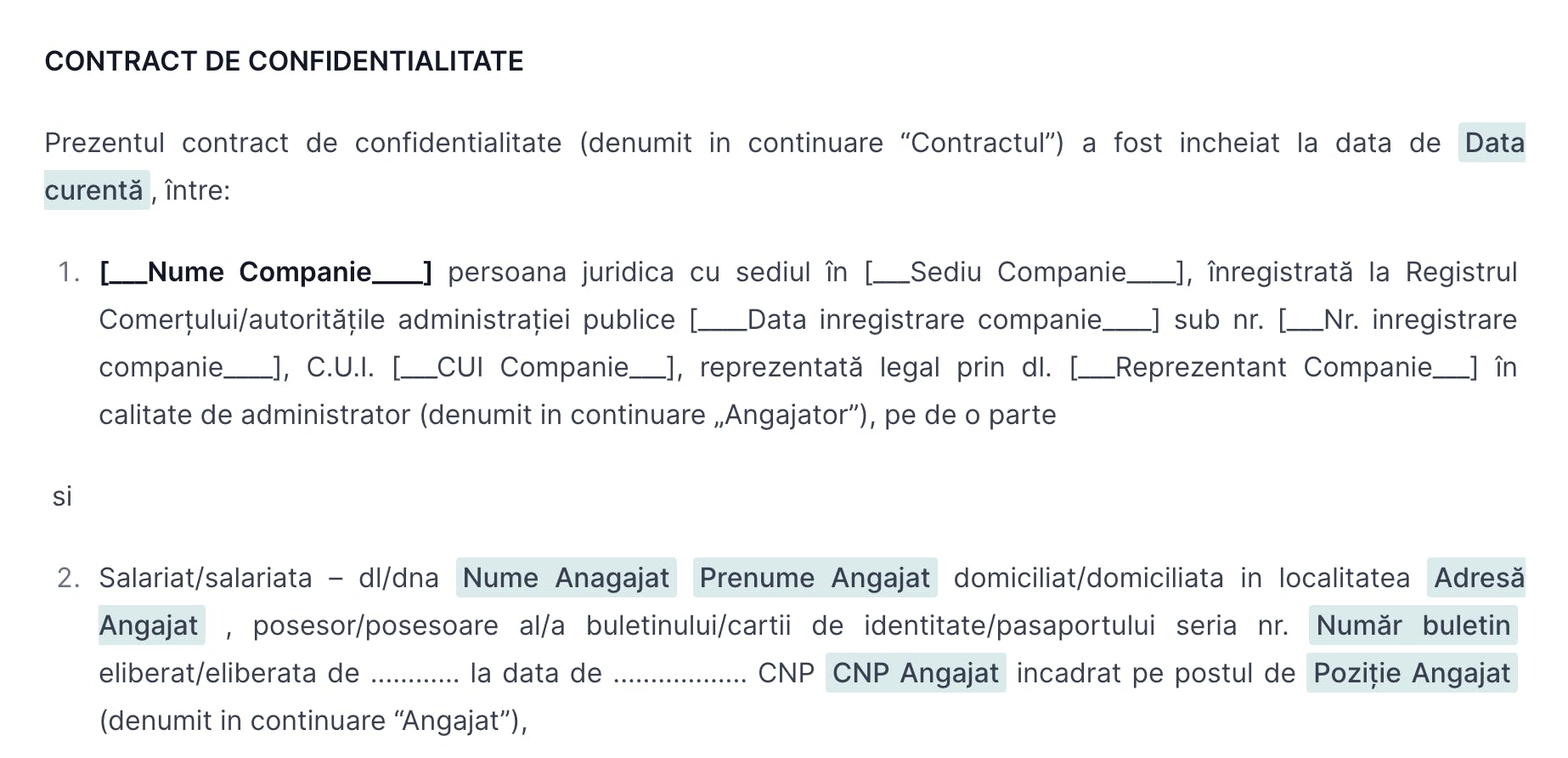 Șablon contract de confidențialitate