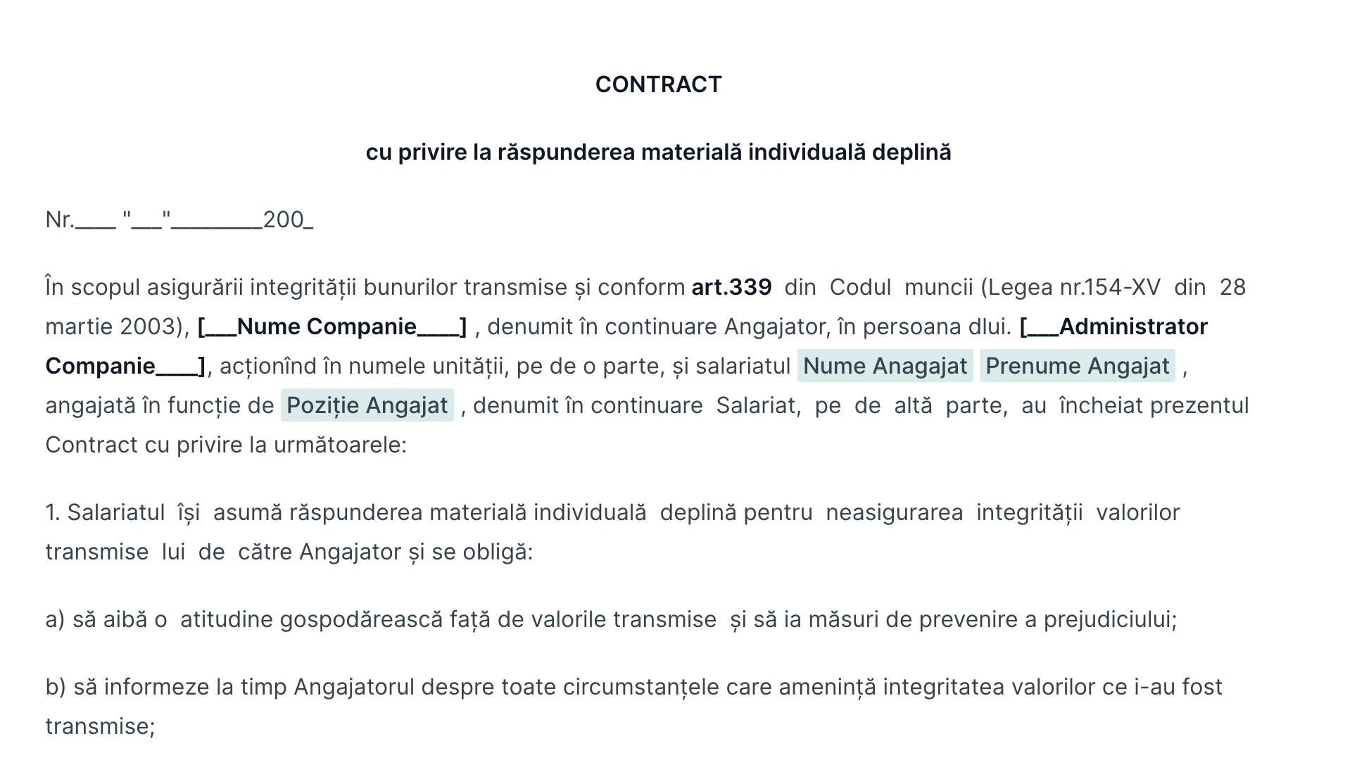 Contract cu privire la răspunderea materială individuală deplină - R. Moldova