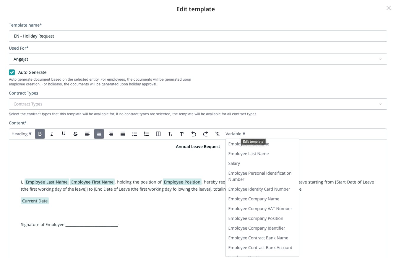 Edit document template