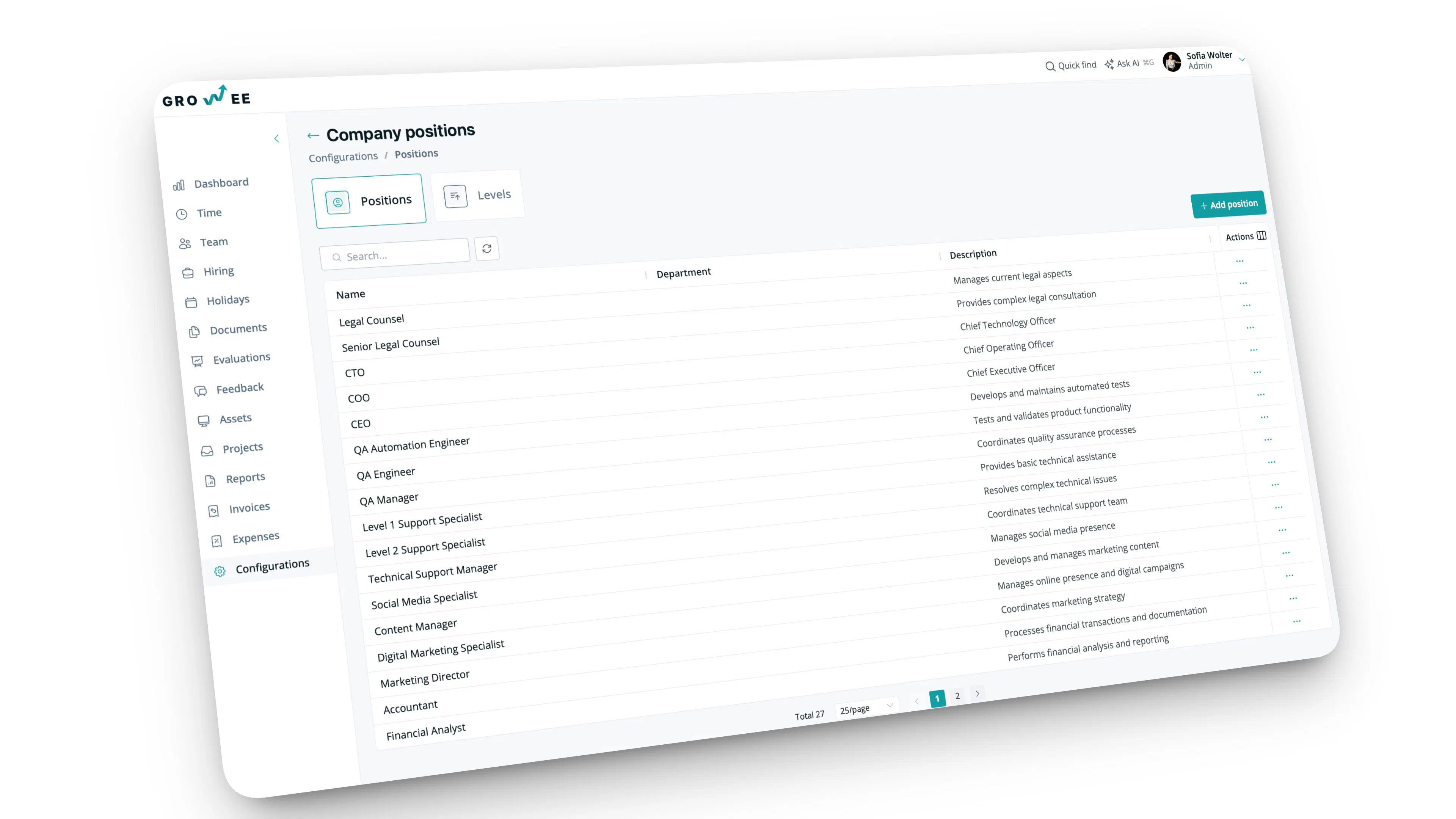 Configure positions and levels within the company