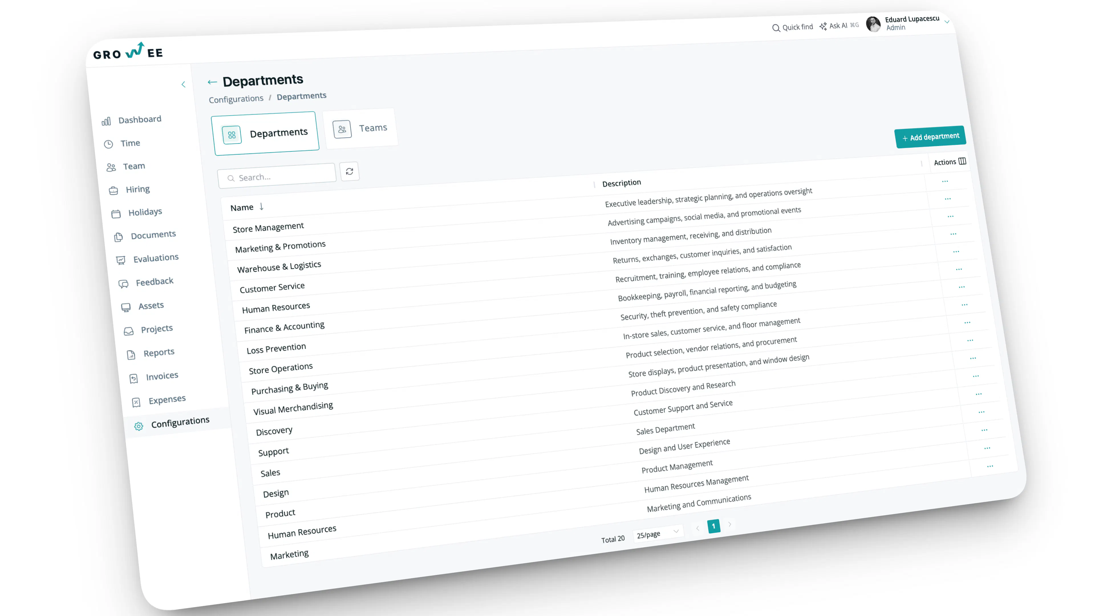 Configure departments with teams and work locations
