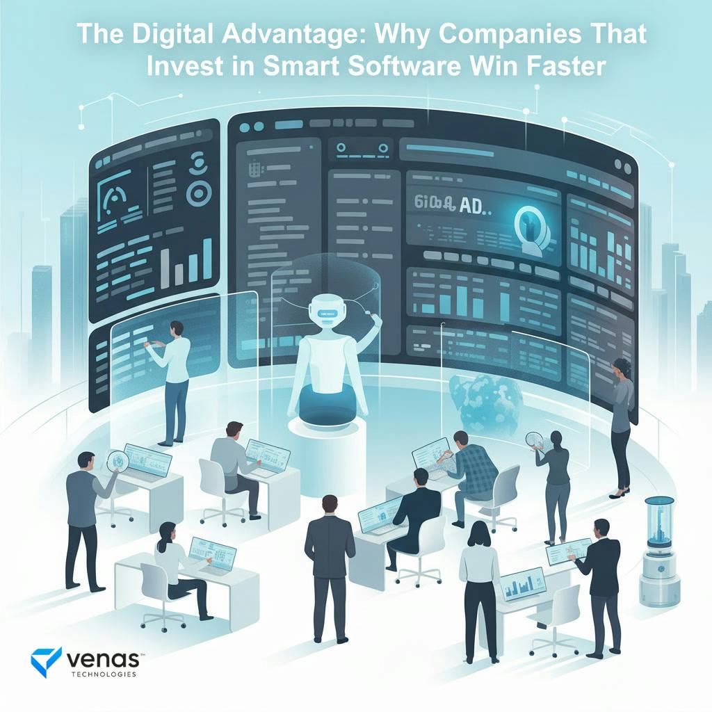 Illustration showing how custom software and AI improve business efficiency and scalability
