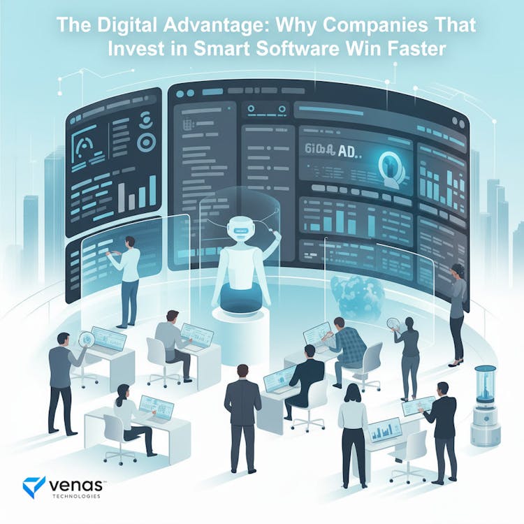 Illustration showing how custom software and AI improve business efficiency and scalability