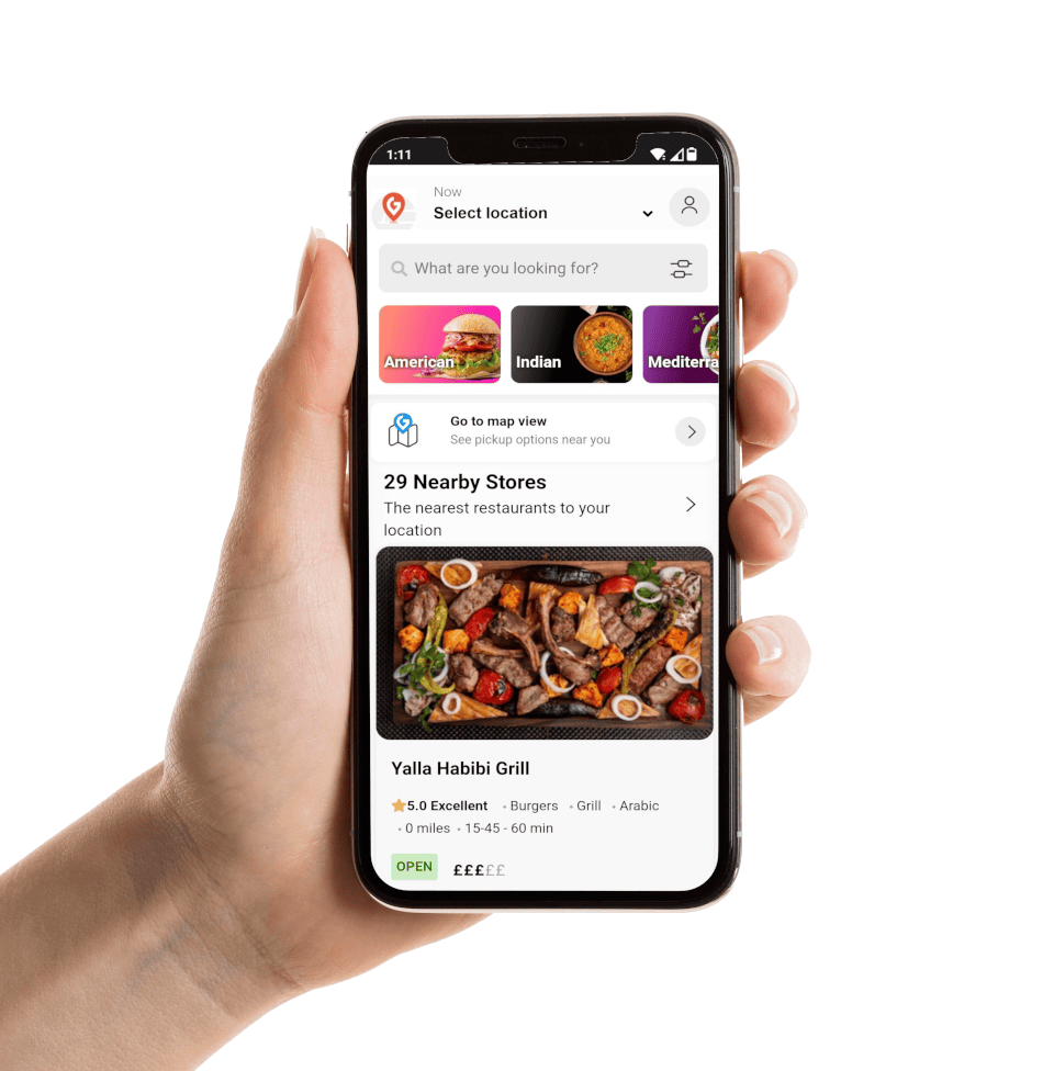 Grub24 Mobile App with Front View Hand Holding It