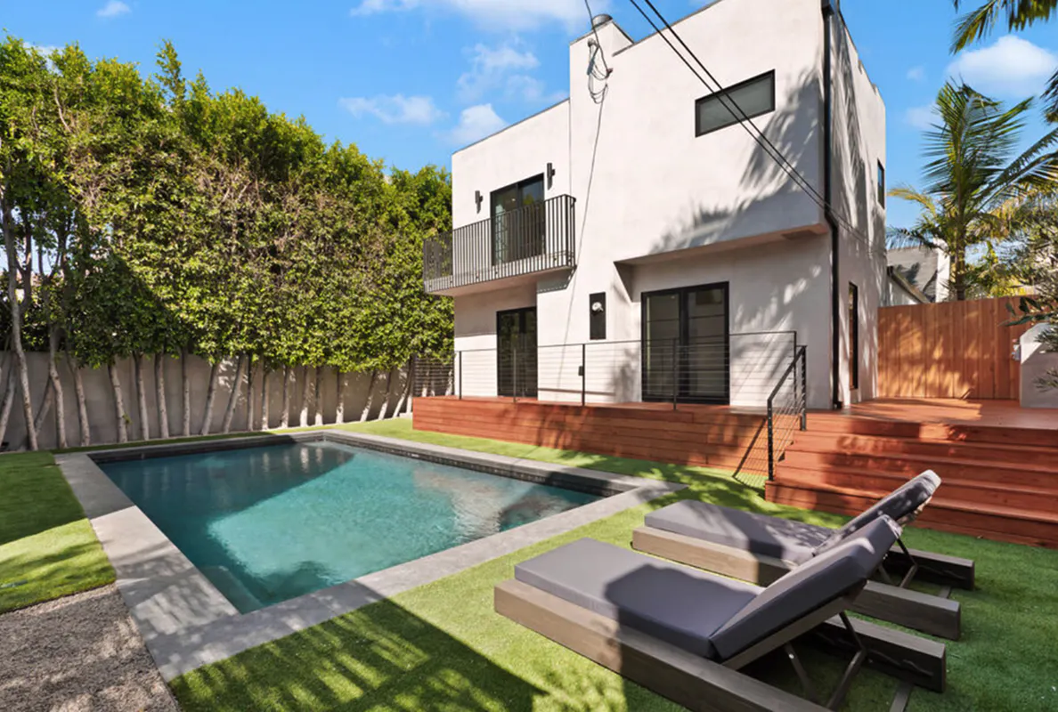 Beverly Grove remodeled home — backyard with Ipe wood decking and clean modern lines