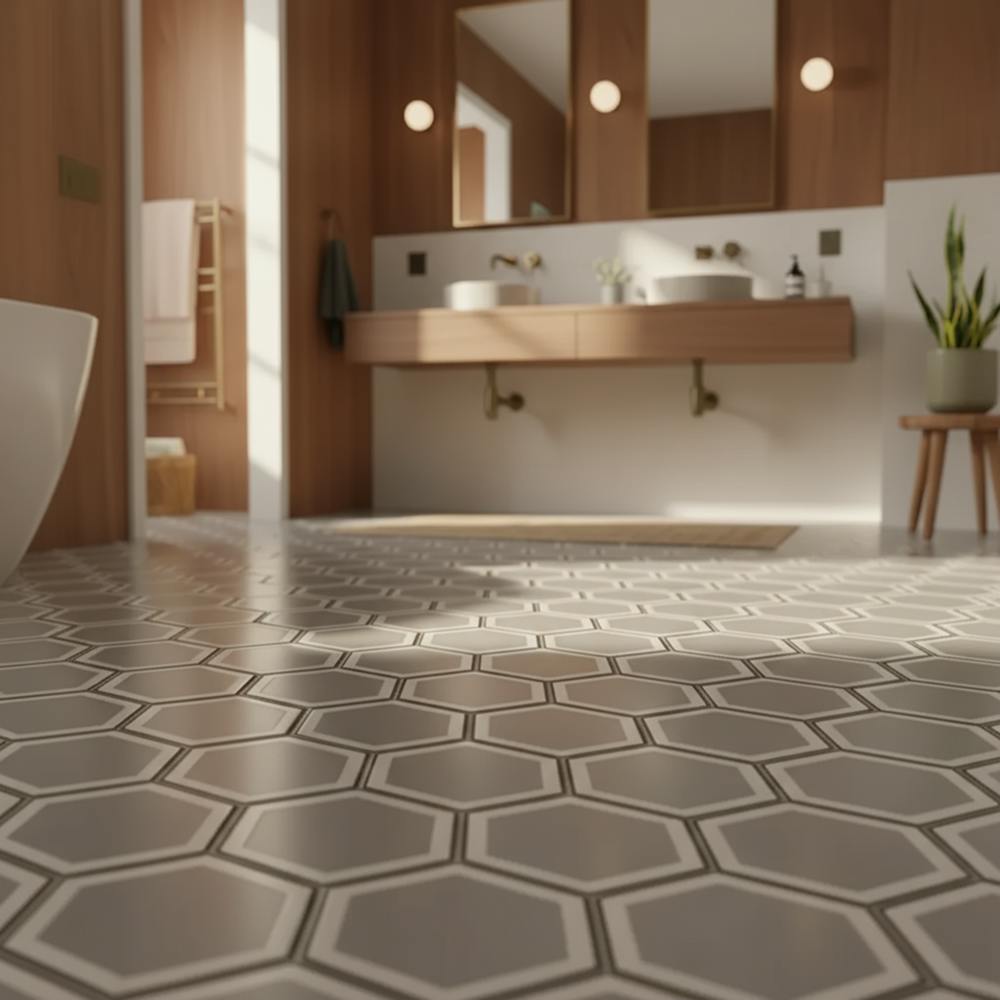 a bathroom floor paved with hexagon grey tiles