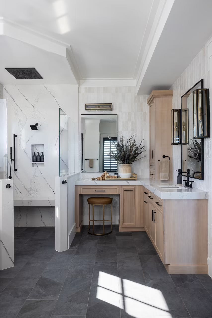 Gladstone surface on bathroom cabinet and a makeup area