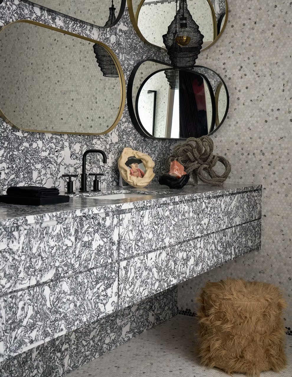 Rose Bay grey stone by Cambria bathroom countertop with 2 hanging mirrors
