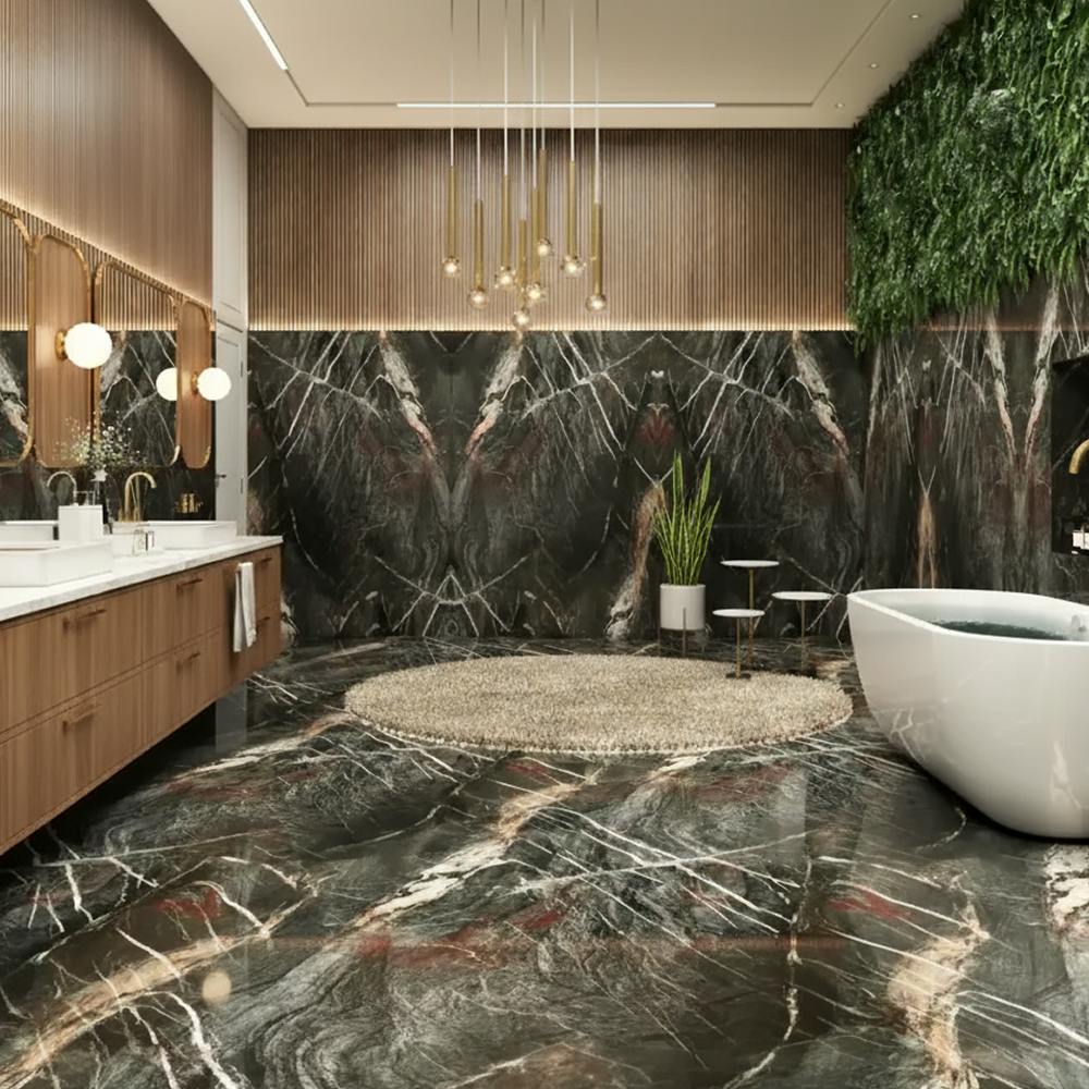 Bathroom paved with black quartzite flooring and matching walls cladding