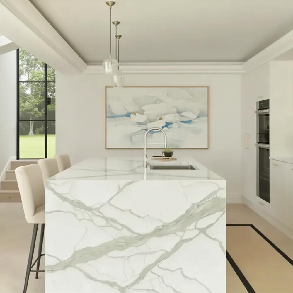 White & grey countertop installed in the middle of a kitchen with art paint at the background