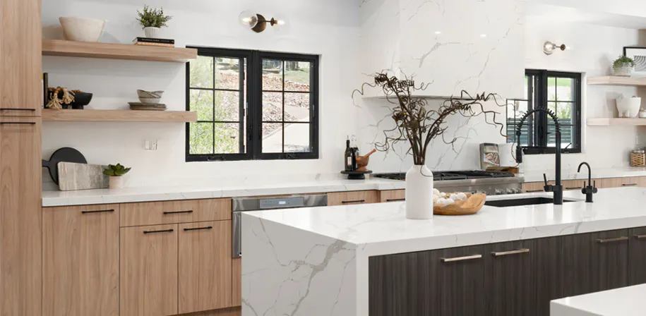 Quartz countertop showing 2cm and 3cm thickness reference