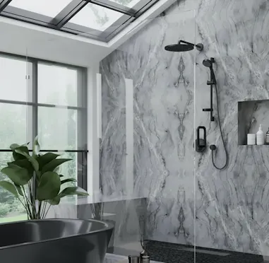 Best Cheer Stone Allure polished quartzite slab in a bathroom setting