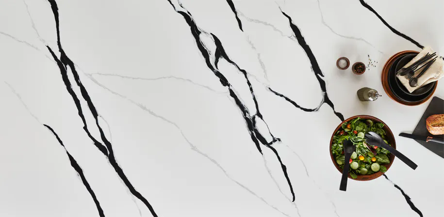 marble look quartz with food