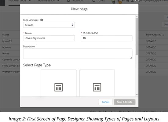 First Screen of Page Designer Showing Types of Pages and Layouts