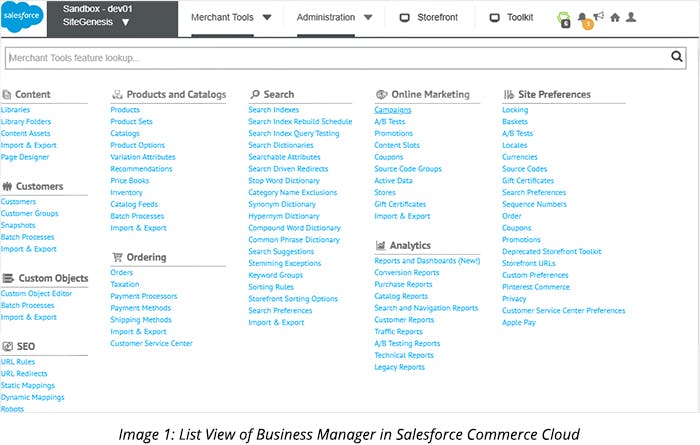 List View of Business Manager in Salesforce Commerce Cloud