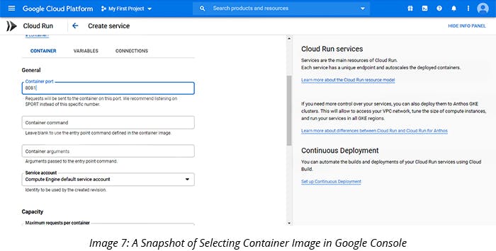 A Snapshot of Selecting Container Image in Google Console
