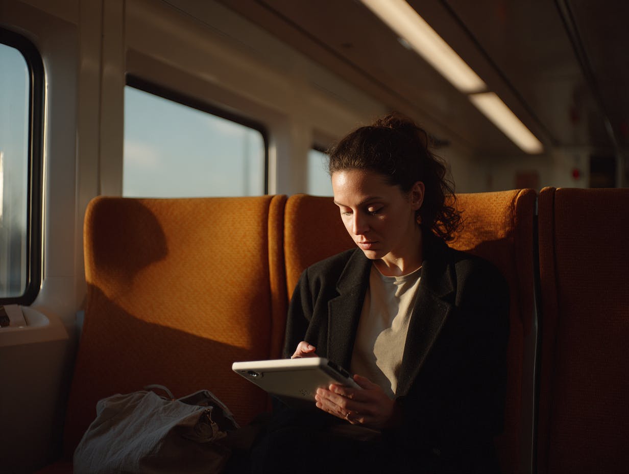 AI generated women sitting on train with tablet