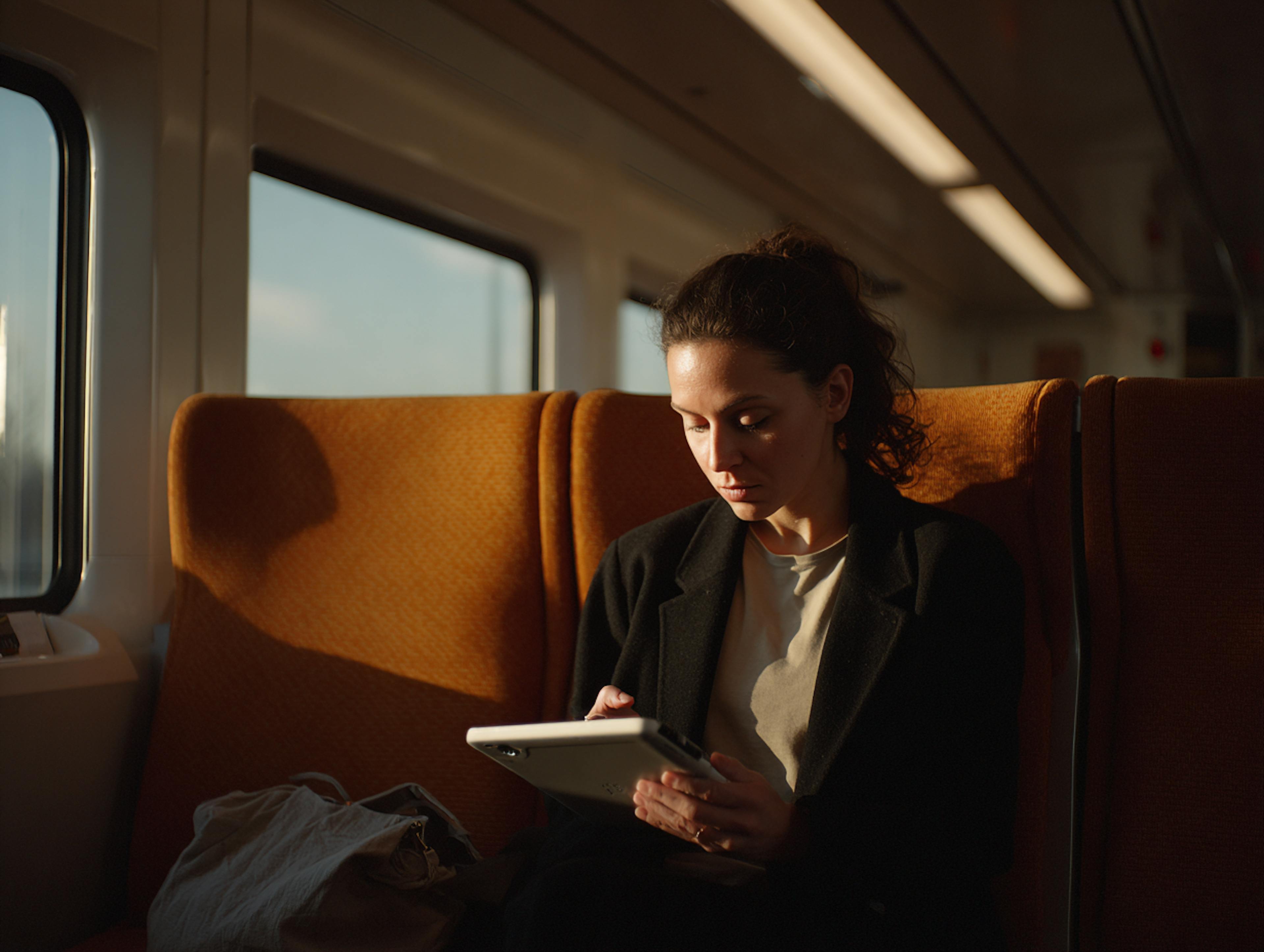 AI generated women sitting on train with tablet