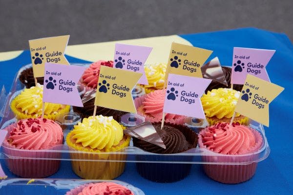 Twelve cupcakes pictured on a table, decorated with in aid of Guide Dogs cake flags.