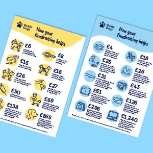 Images of two how your fundraising helps leaflets on a blue background.