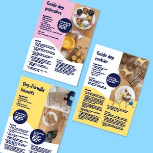 Guide dog pupcakes, guide dog cookies and dog-friendly biscuits recipes pictured on a blue background.