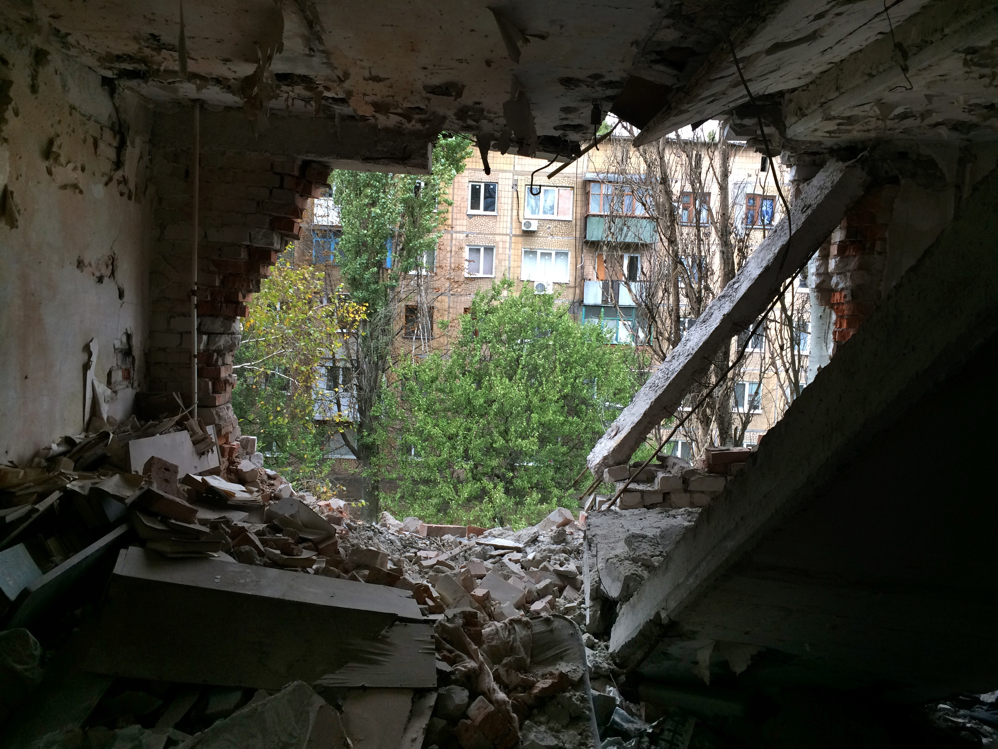 Typical damage from grad rocket artillery, Avdeevka, Ukraine. October 2016 Photograph: Anton Kuleba