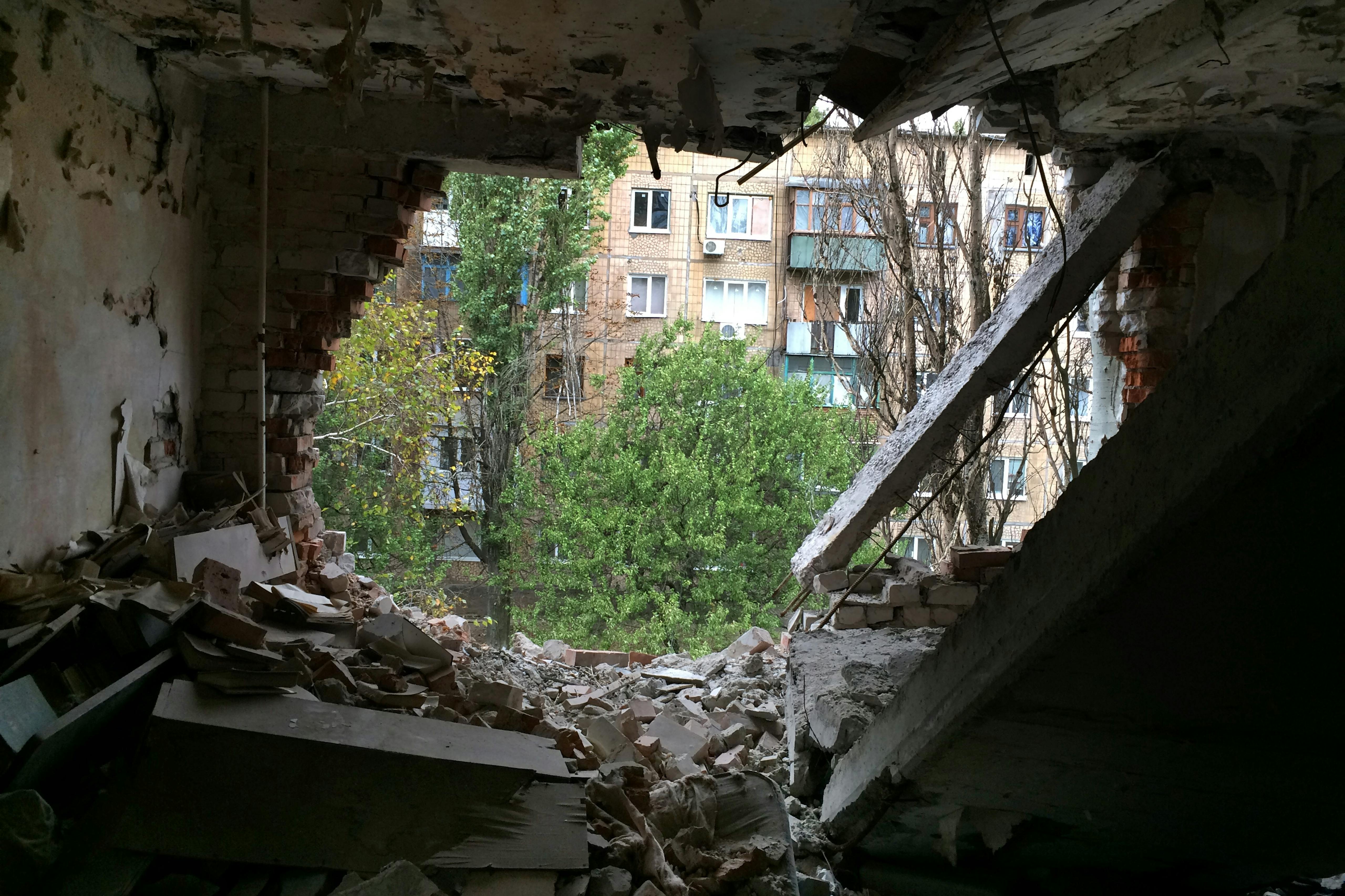 Typical damage from grad rocket artillery, Avdeevka, Ukraine. October 2016 Photograph: Anton Kuleba