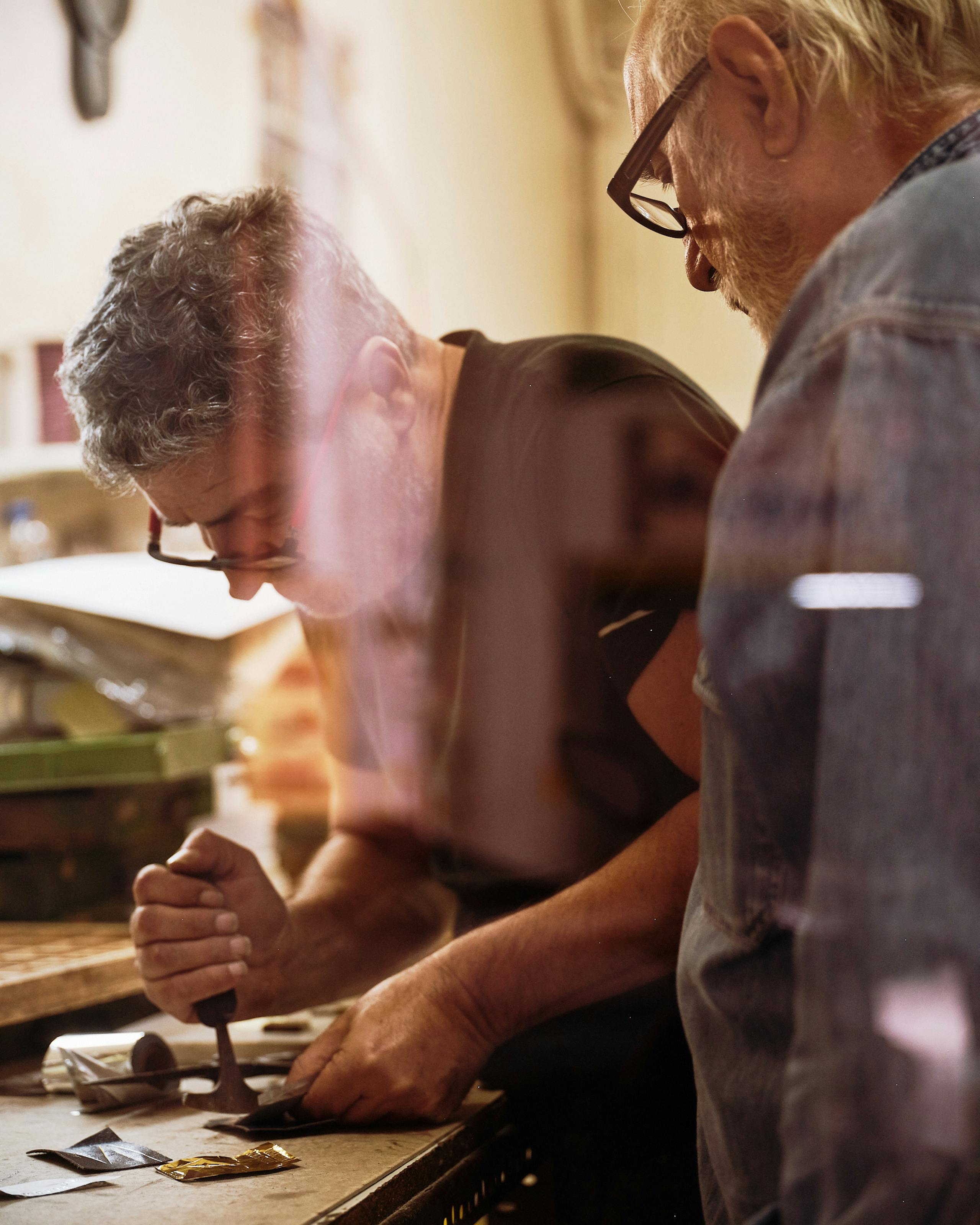 Bookbinders Giorgiou and Vasilis in Exarcheia, Athens, Greece. November 2021